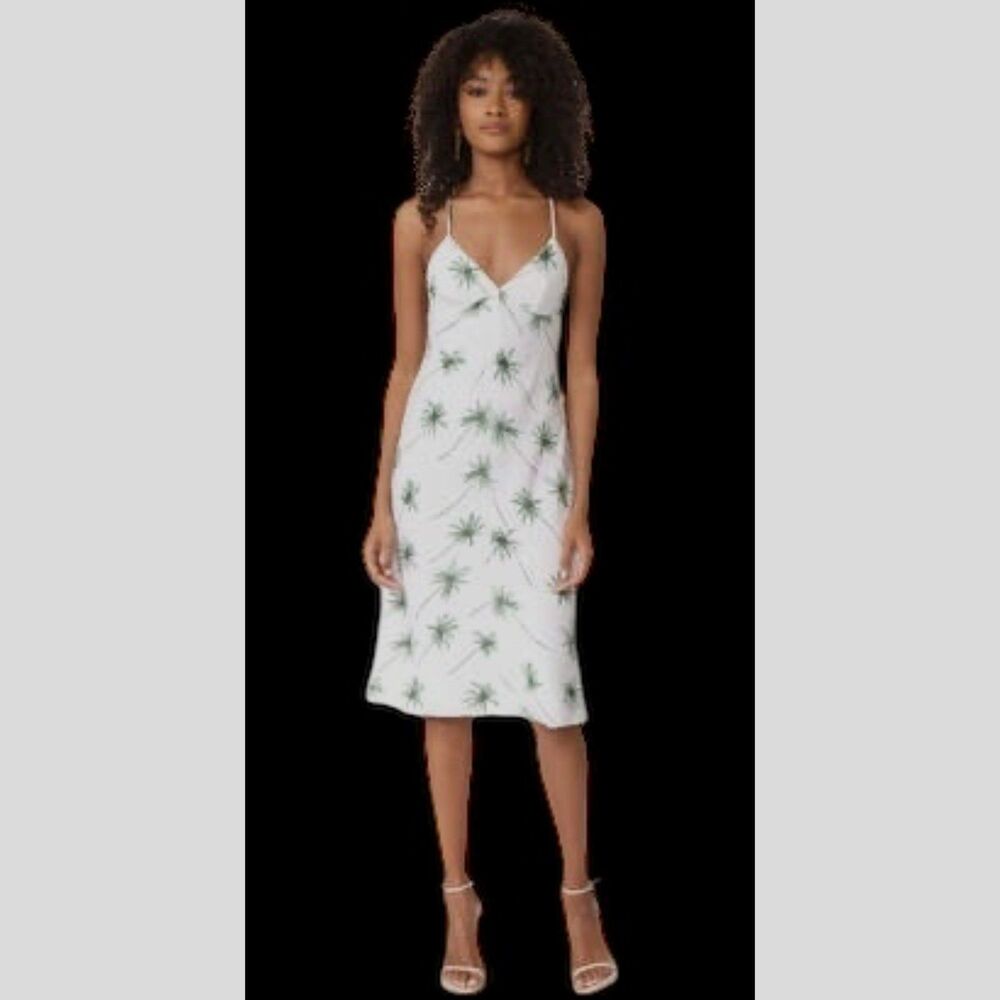 Milly White‎ Spagetti Strap Cross Back Viscose Midi Dress with Palm Trees Size 2